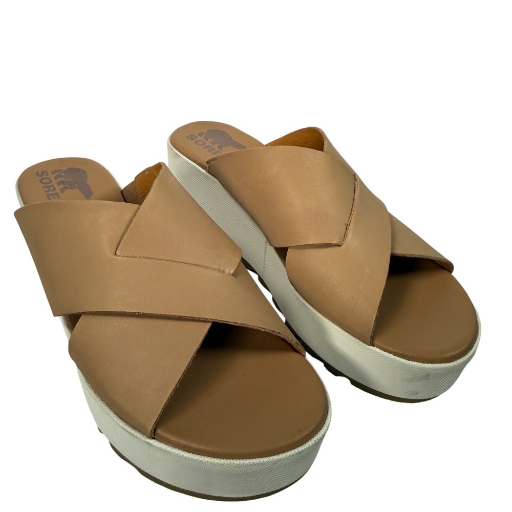 Sorel Cameron Flatform Slide Sandals Honest‎ Beige Leather NL4633-246 Womens 8.5